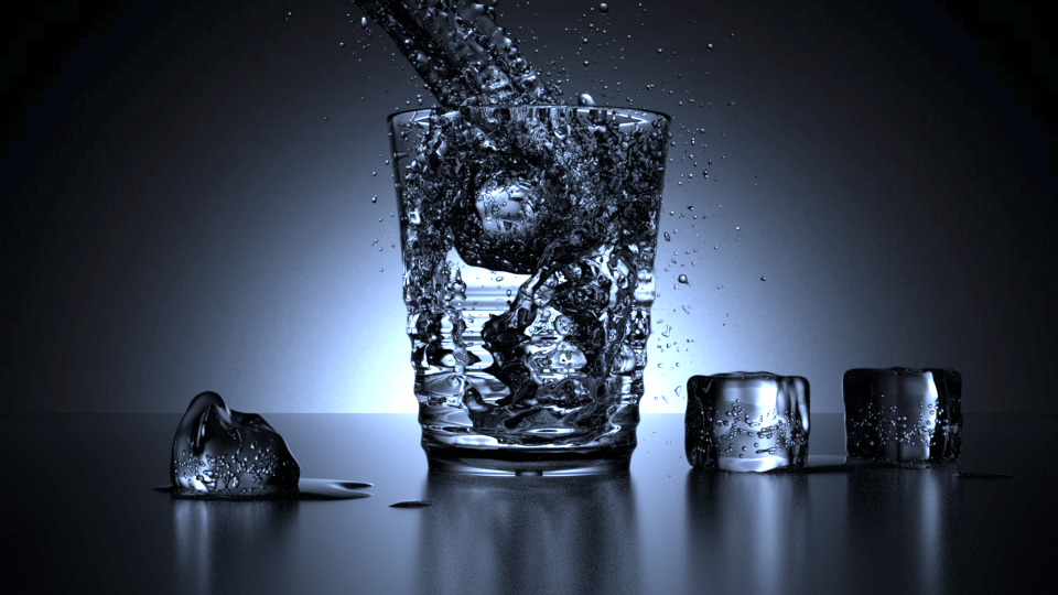 Glass of water 3D rendering with fluid simulation