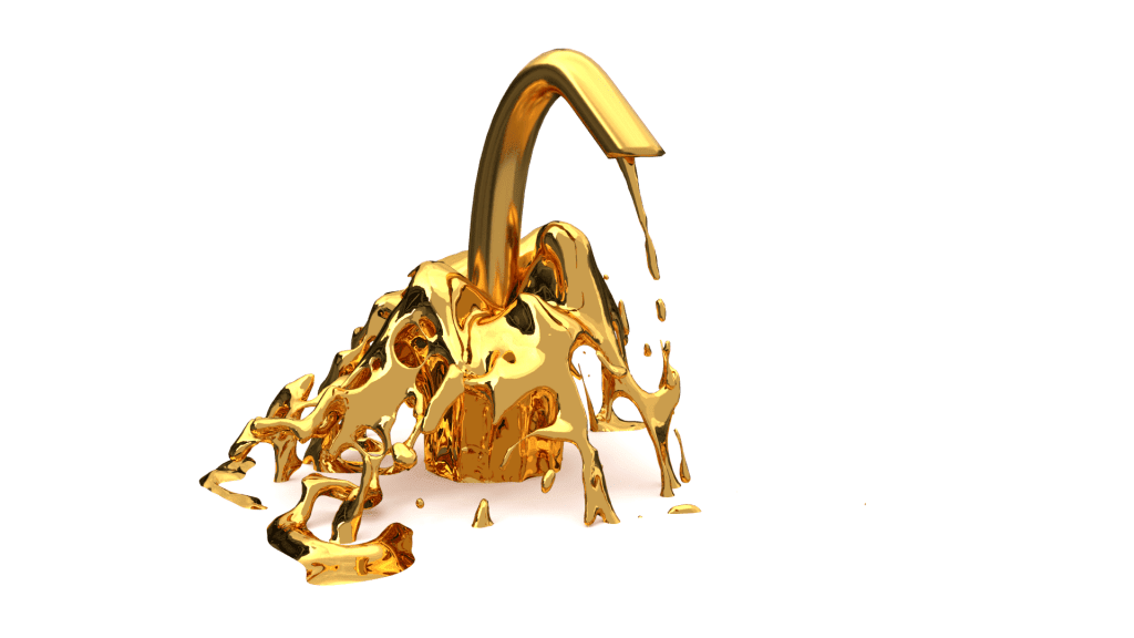 Gold faucet 3D rendering with fluid simulation